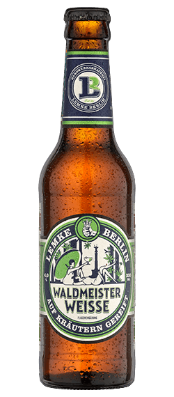 Eine Flasche Waldmeister Weisse in Frontalansicht